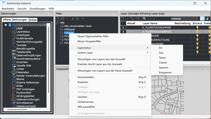 Layerorganisation WS LANDCAD mit CAD-Basis